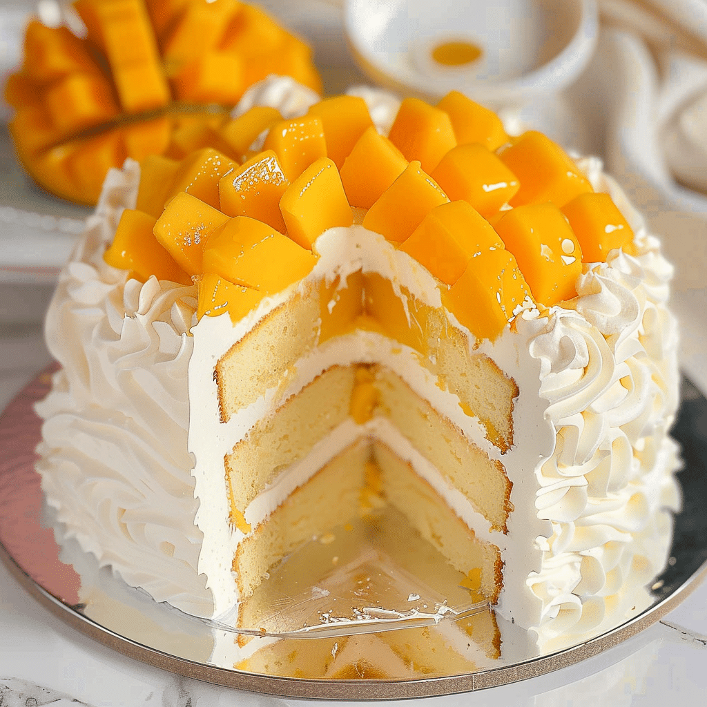 Layered mango cake with a slice removed to reveal creamy filling