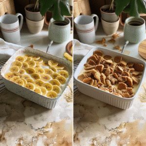 Layer of sliced bananas and Biscoff cookies in white dish