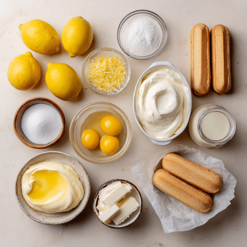 Lemon Tiramisu You’ll Make Again and Again 12 Fresh lemons, mascarpone, ladyfingers, and other ingredients for lemon tiramisu
