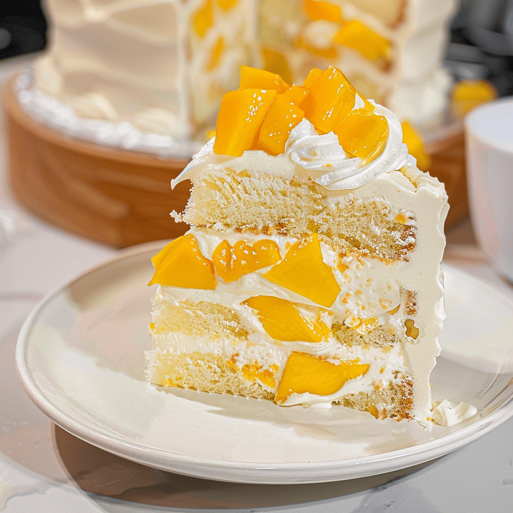 Slice of mango cake showing fluffy layers and fresh mango pieces