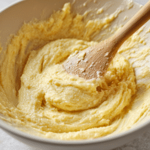 Mixing cake batter with wooden spoon for mango cake preparation