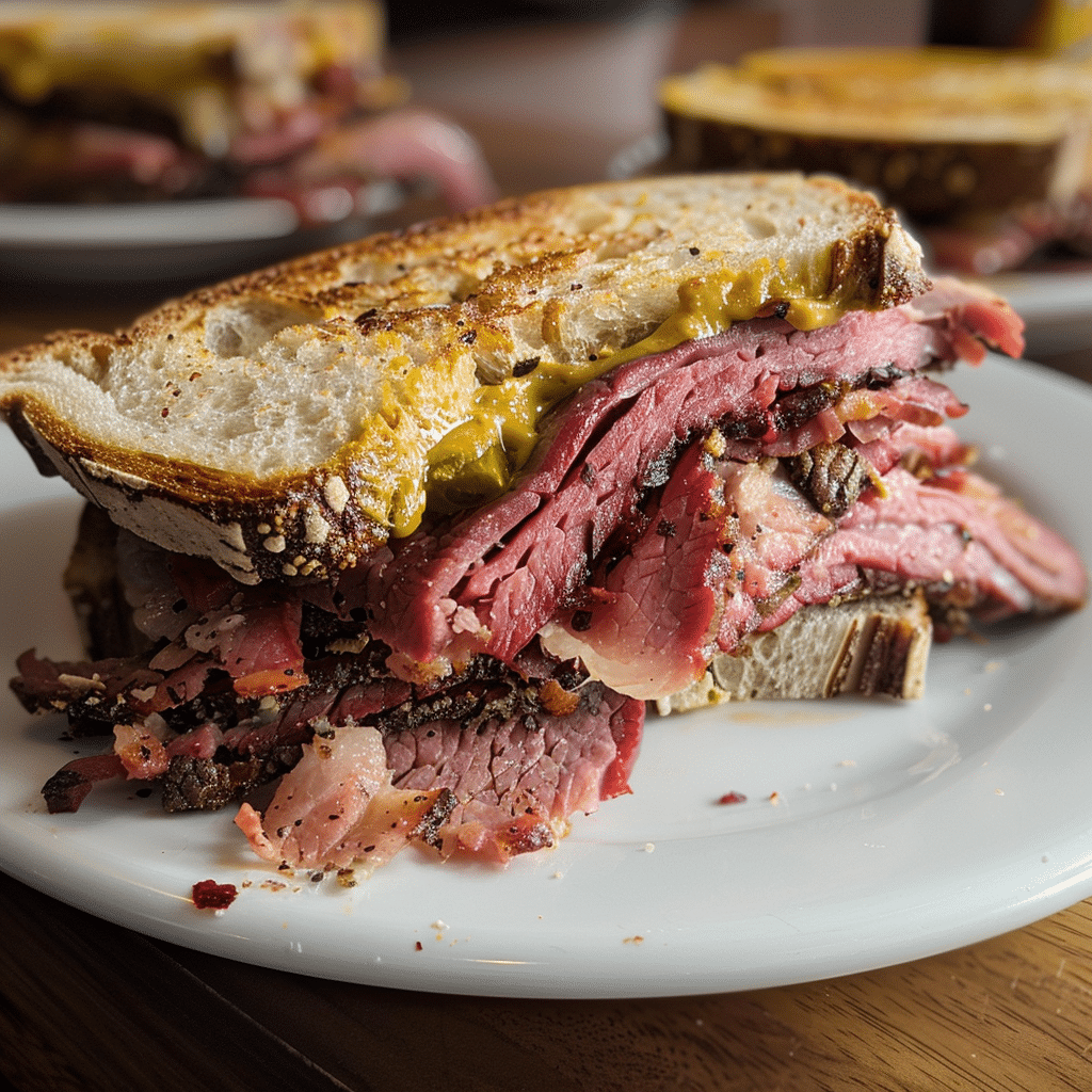 Montreal Smoked Meat Recipe You’ll Make Again & Again 17 Montreal smoked meat sandwich stacked with mustard on rye bread