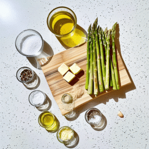 Ingredients for asparagus recipe pan fried laid on cutting board