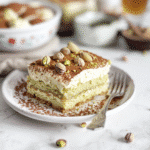 Pistachio Tiramisu You’ll Ever Make 11 Slice of pistachio tiramisu topped with crushed pistachios on a plate