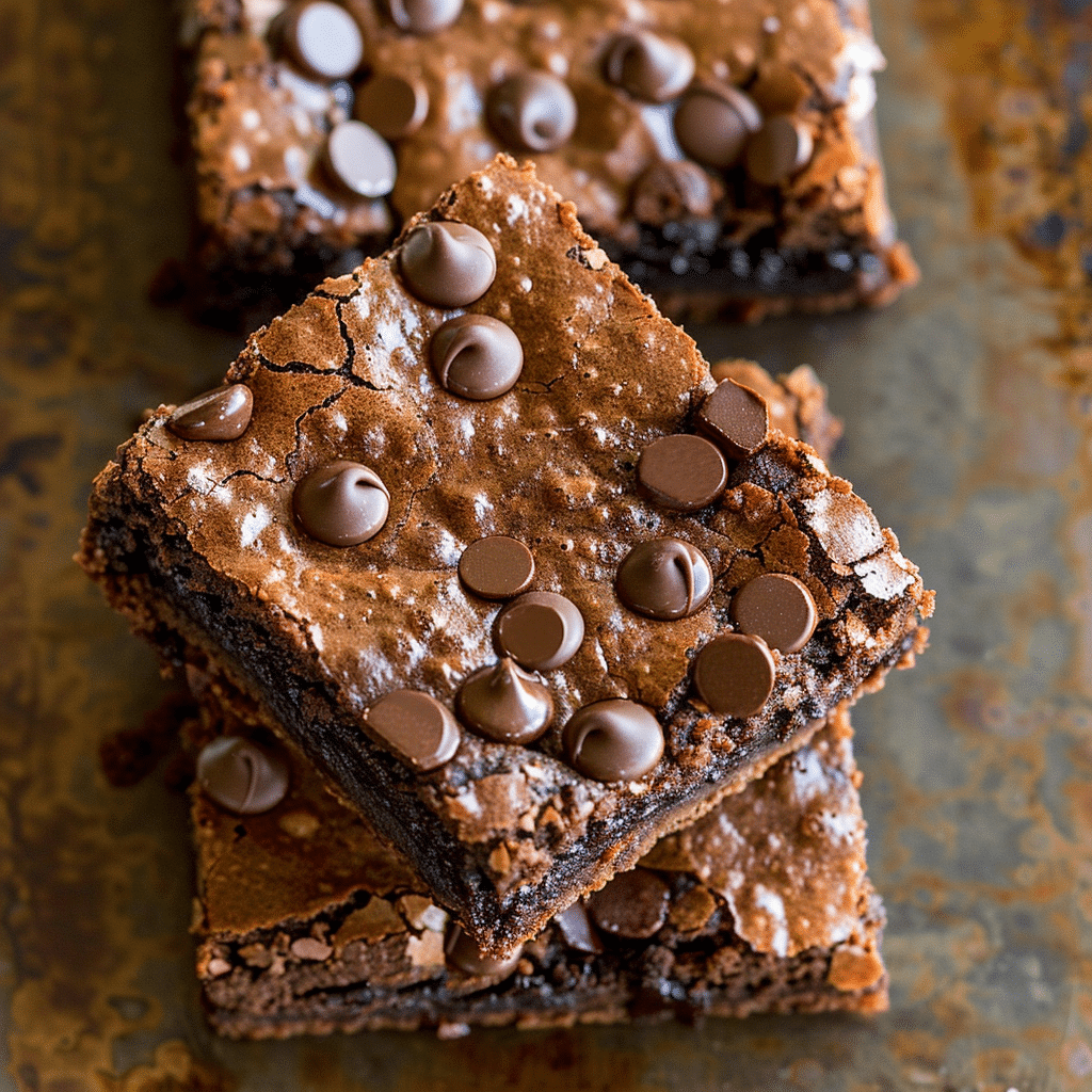Stack of square-cut protein brownies on rustic baking tray
