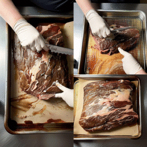Raw brisket being prepped and trimmed for Montreal smoked meat recipe