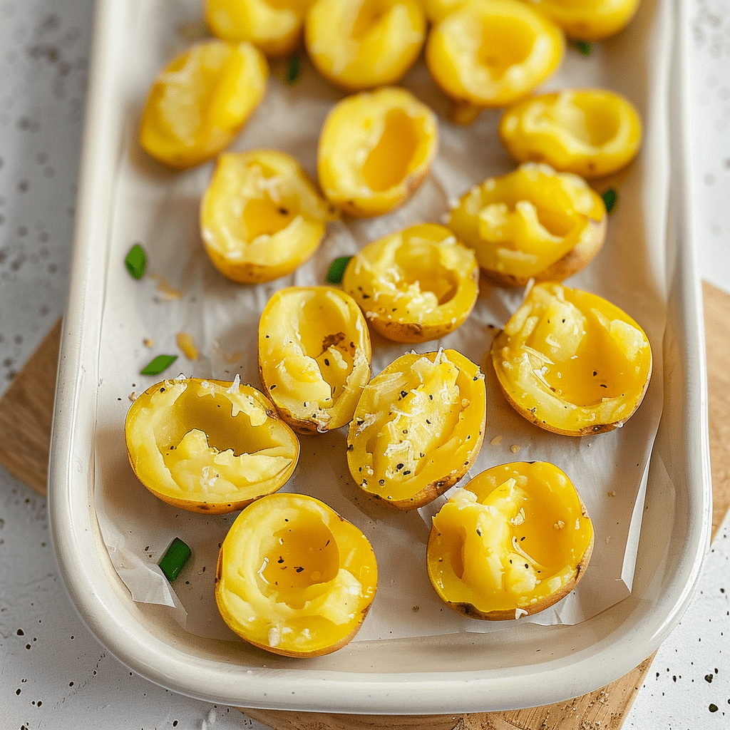 Deviled Potatoes Made Easy: 5 Irresistible Bites of Creamy Flavor 14 Scooped-out baby potato halves on a tray ready to be filled