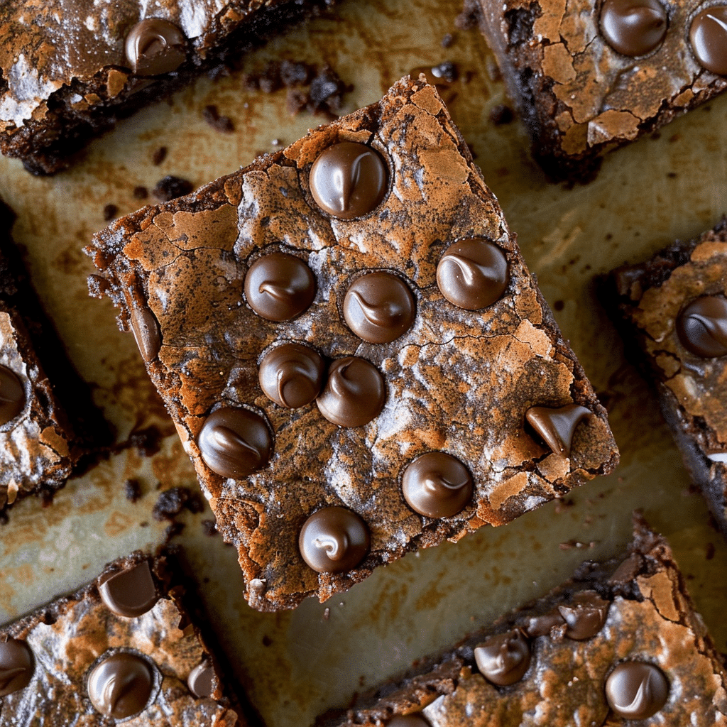 Chocolate protein brownies topped with chocolate chips, cut into squares
