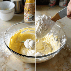 Pudding and whipped cream being combined in mixing bowl