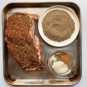 Brisket coated in spice rub with curing ingredients beside it