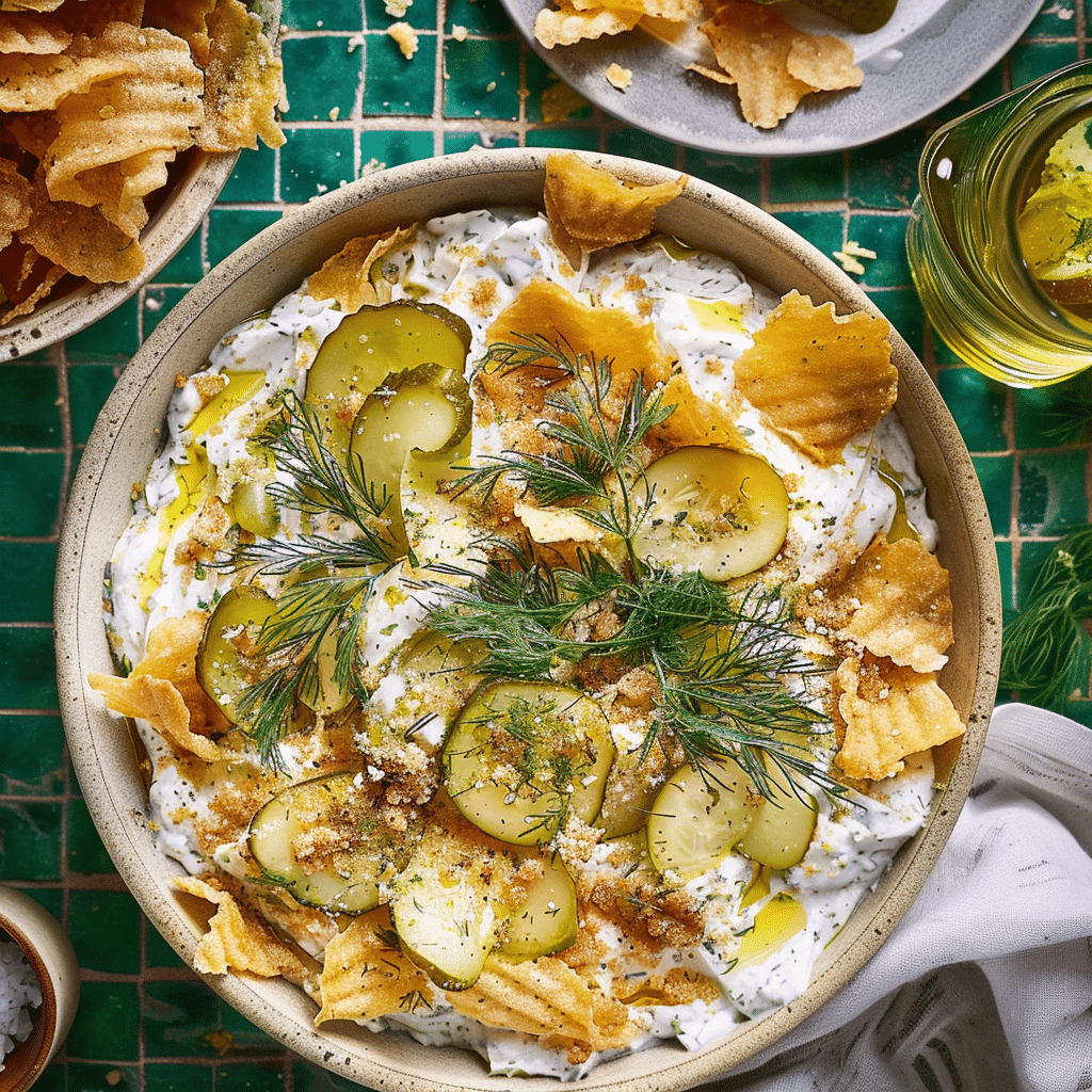 Viral Fried Pickle Dip: The Best Snack for Pickle Lovers 18 Served fried pickle dip with chips, pickles, and dill