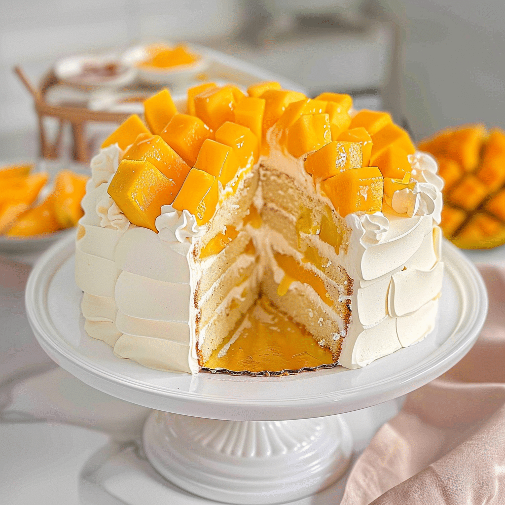 Mango cake on stand with one slice being served