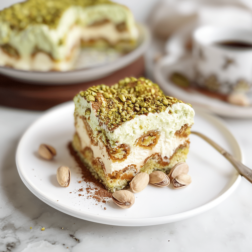 Pistachio Tiramisu You’ll Ever Make 15 Forkful of pistachio tiramisu on a plate with chopped nuts on top