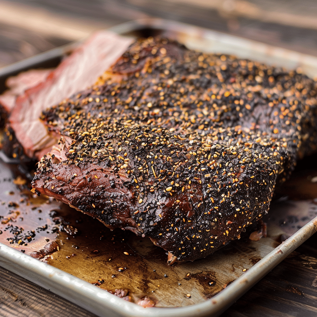 Montreal Smoked Meat Recipe You’ll Make Again & Again 18 Sliced Montreal smoked meat brisket showing bark and smoke ring