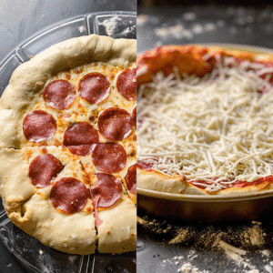 Pizza dough in pan with cheese added to half the crust edge
