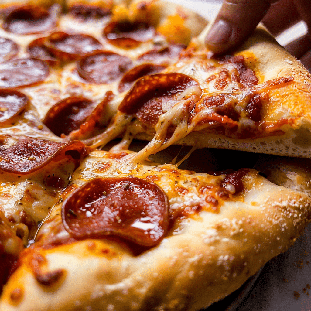 Slice of stuffed crust pepperoni pizza being pulled with melted cheese stretch