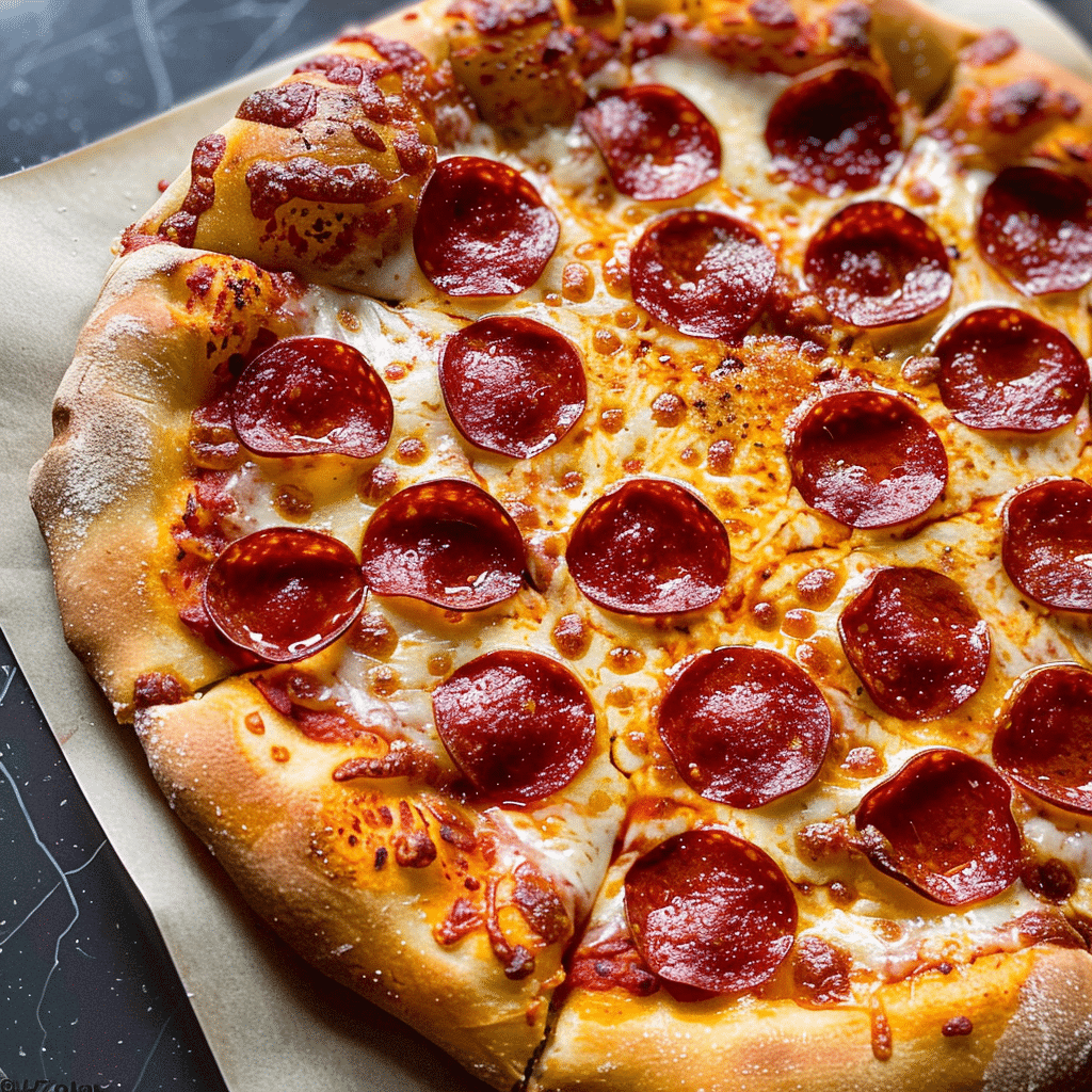 Close-up of whole pepperoni stuffed crust pizza