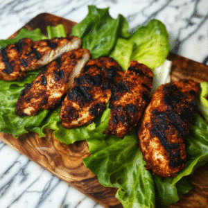 Blackened earls cajun chicken recipe served on romaine lettuce leaves
