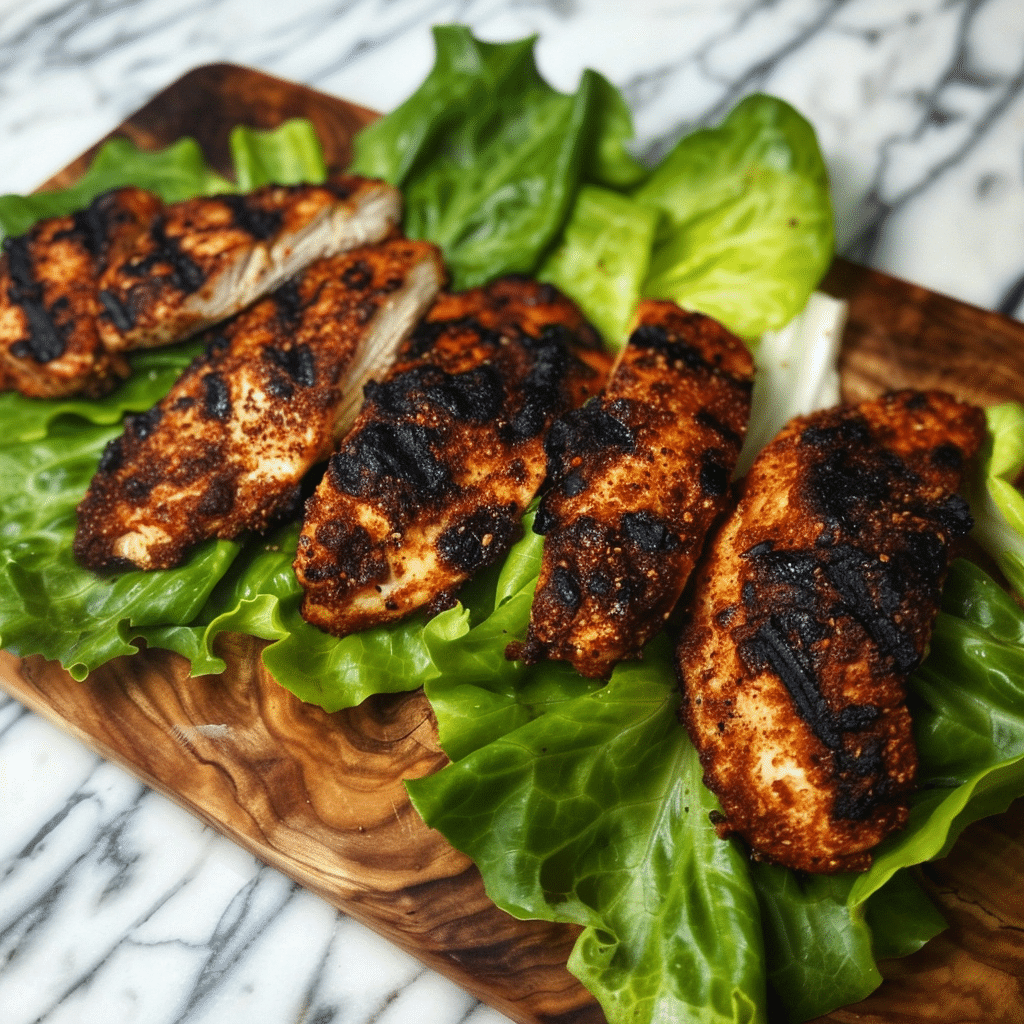 Blackened earls cajun chicken recipe served on romaine lettuce leaves