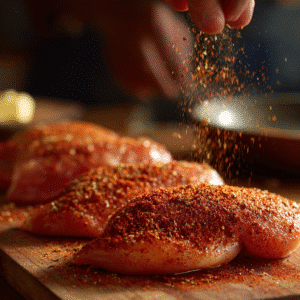 Homemade cajun spice blend sprinkled on raw chicken breasts