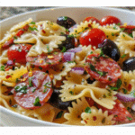 Pizza Delight Pasta Salad Recipe: A Colourful Street-Style Favourite 5 Close-up of pizza delight pasta salad recipe showing spiral pasta coated in dressing