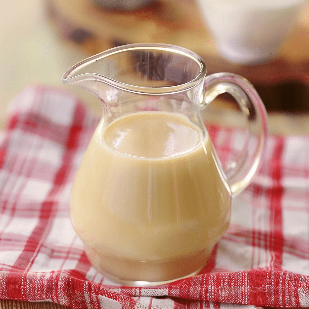 Pitcher of freshly made condensed milk on a red cloth