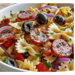 Pizza delight pasta salad recipe served in a white bowl with fresh vegetables and herbs