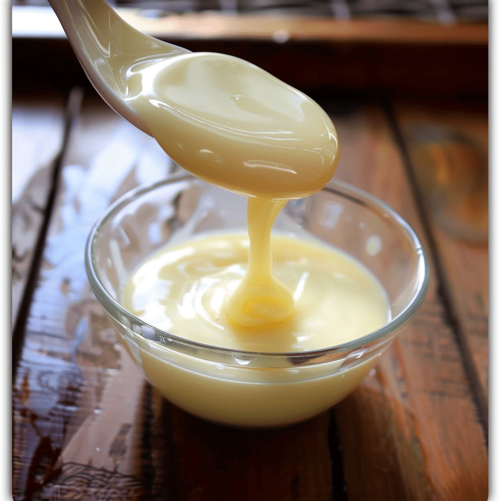 Homemade condensed milk dripping from spoon into glass bowl
