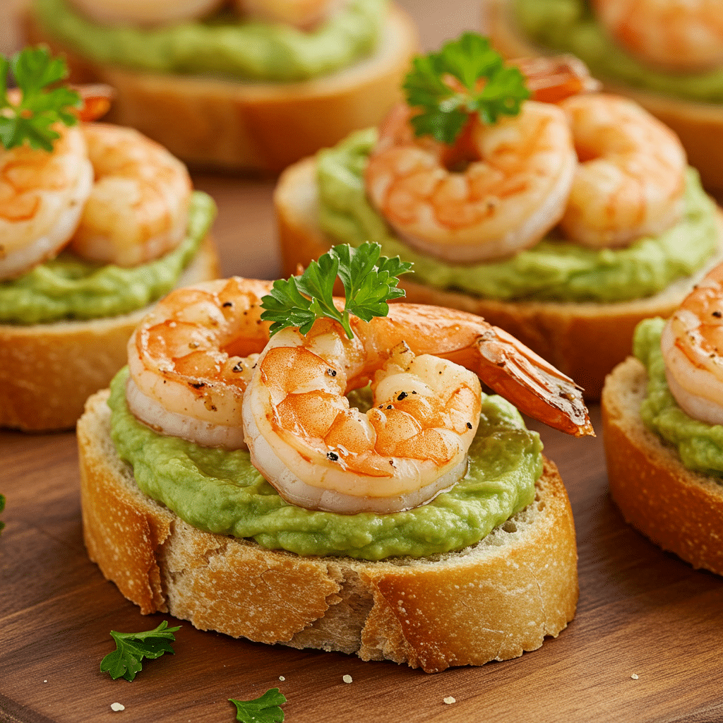 Avocado & Garlic Shrimp Crostini