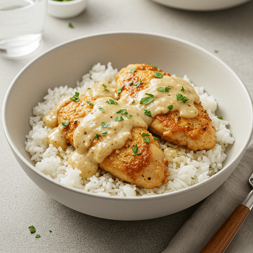 Creamy Smothered Chicken with Rice