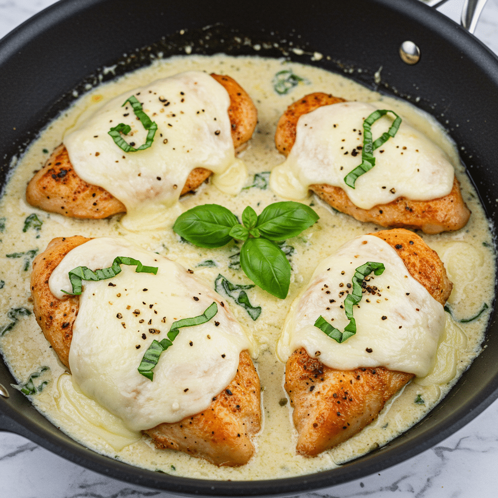 Mozzarella Chicken in Basil Cream Sauce